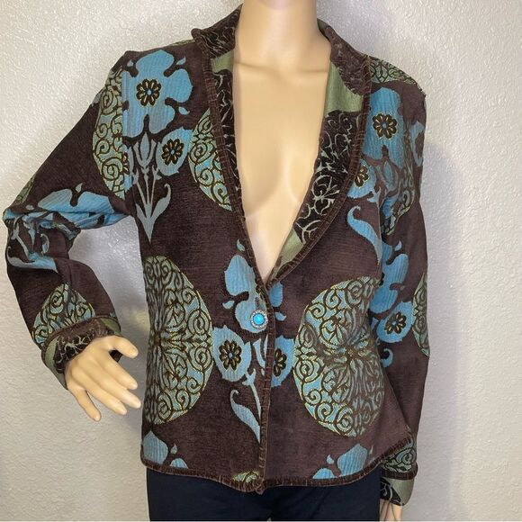 Khangura Tapestry Blazer Jacket Brown Green Blue Floral Size Medium - Picture 1 of 12